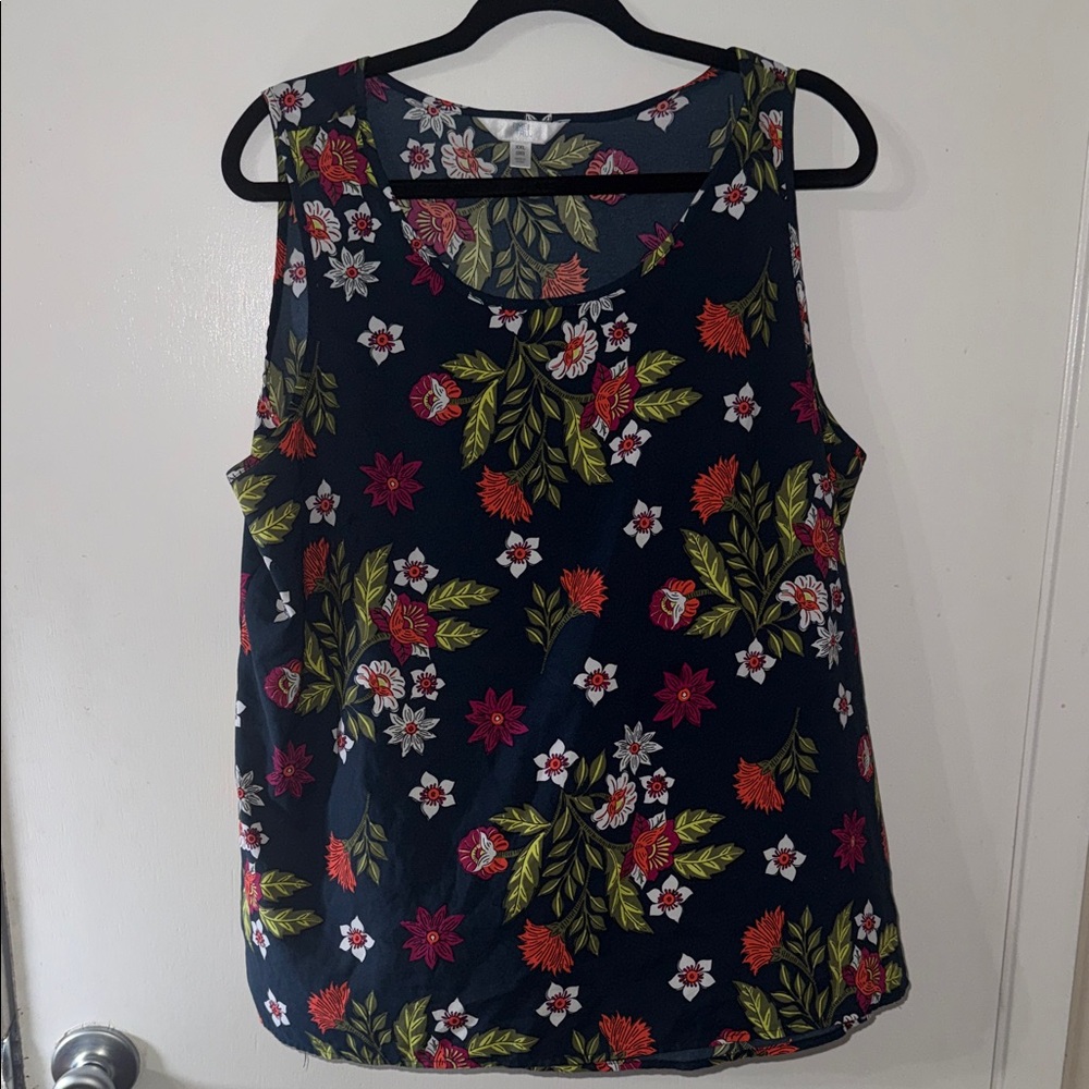 Time and Tru Navy Floral Tank Top with Red and Green Accents